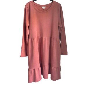 Terra Cotta Babydoll Tiered Dress Long Sleeve Pockets L